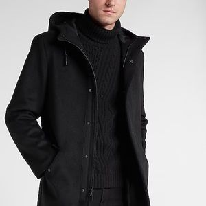 298$ Express Black Wool-Blend Hooded Topcoat Men’s Size L Larger Winter modern
